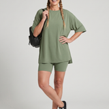 Clasia | Short Sleeve Crew Neck Top And Biker Shorts Set