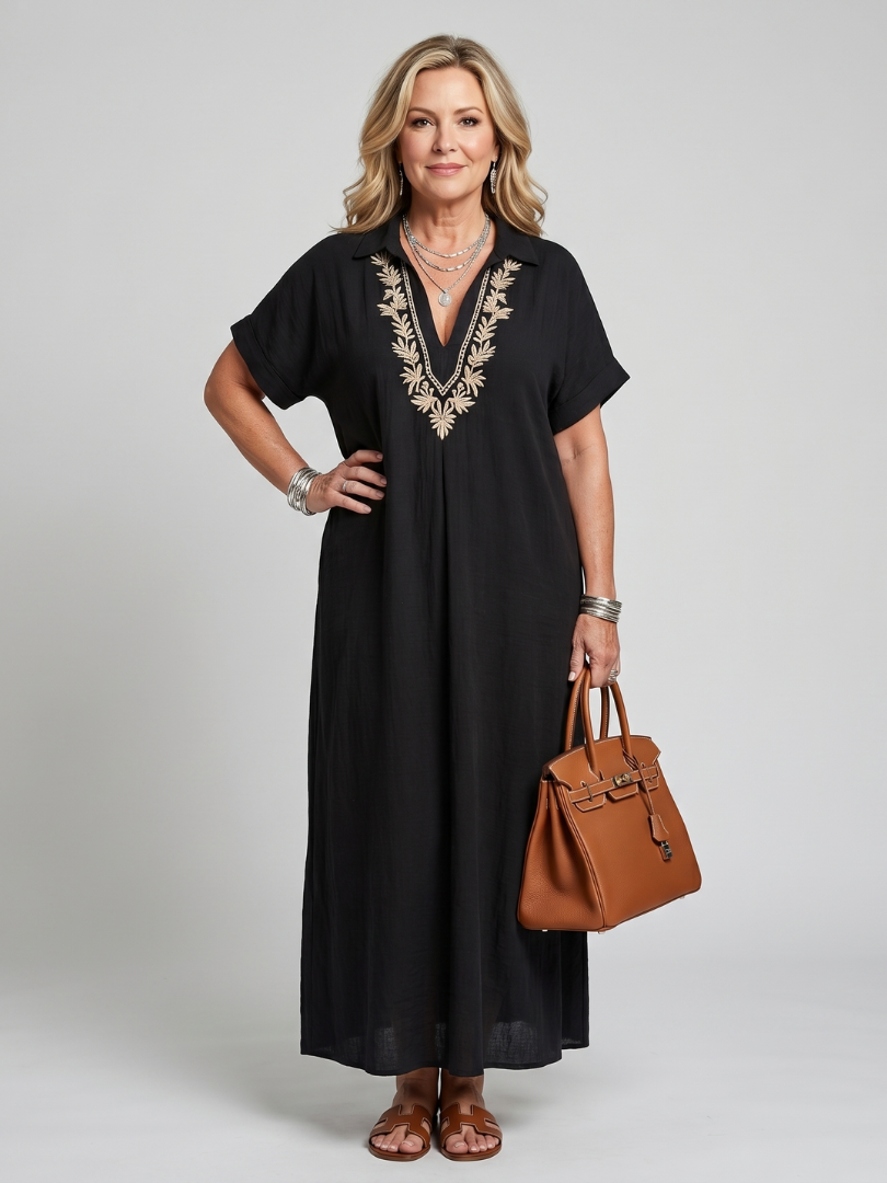 Kalthea | Short Sleeve V Neck  Embroidered Detail Midi Dress