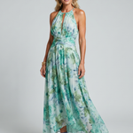 Milmarie | Pleated Halter Soft Floral Pattern Midi Dress