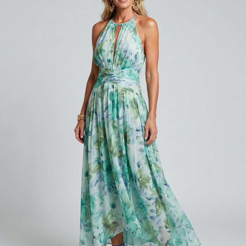 Milmarie | Pleated Halter Soft Floral Pattern Midi Dress