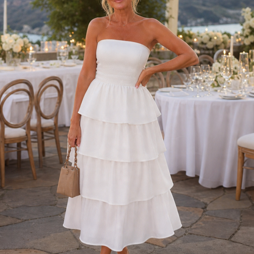 Halra | Strapless Smocked Bodice Midi Dress