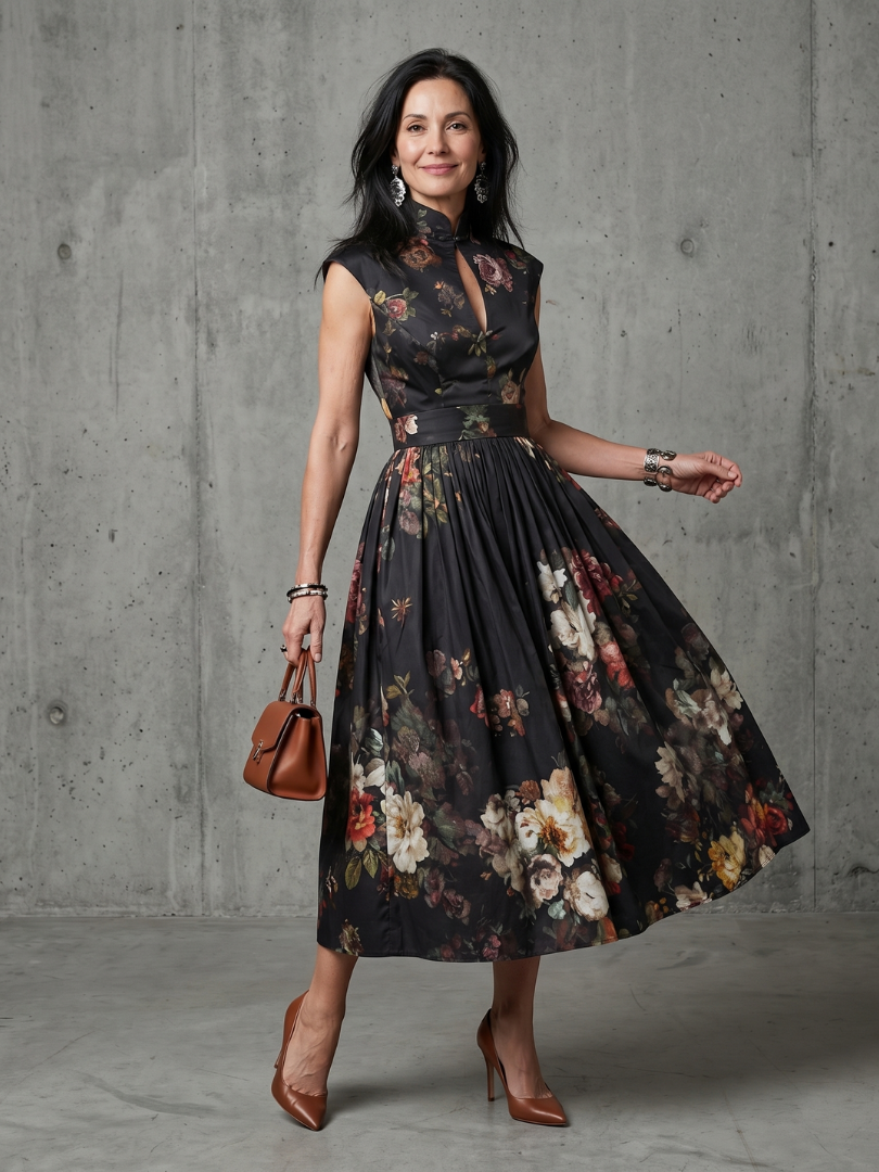 Serania | High Neck Keyhole Floral Pleated Midi Dress