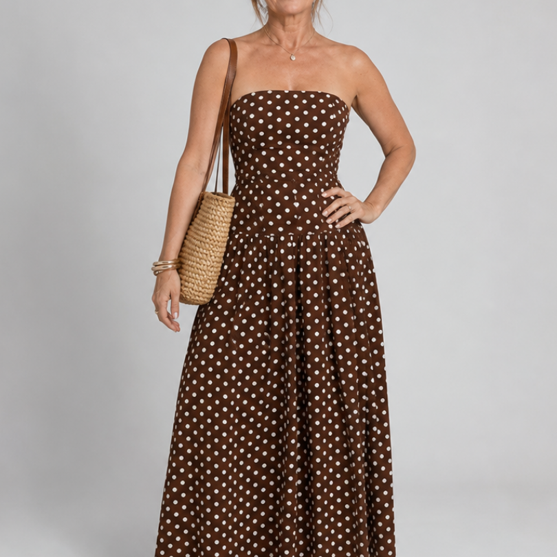 Romisette | Strapless Polka Dot Pattern Midi Dress