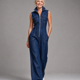 Vesda | Zip Front Sleeveless Denim Wide Leg Jumpsuit