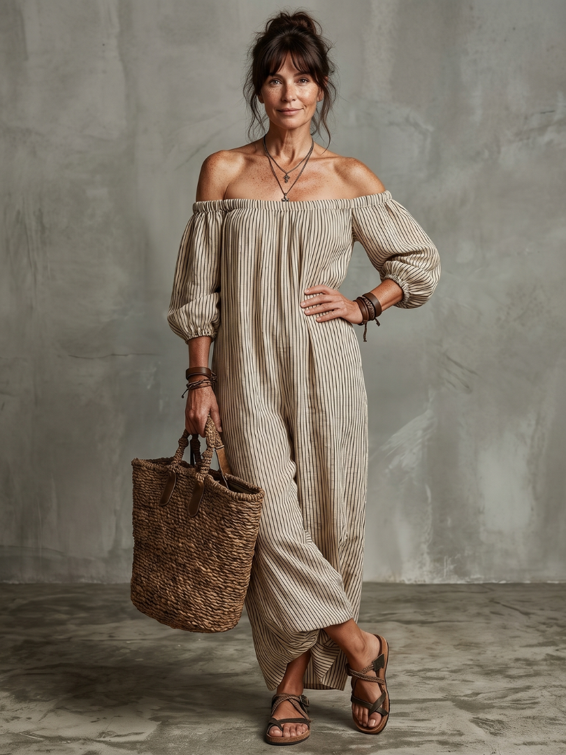Dahda | Striped Pattern Off Shoulder Maxi Dress
