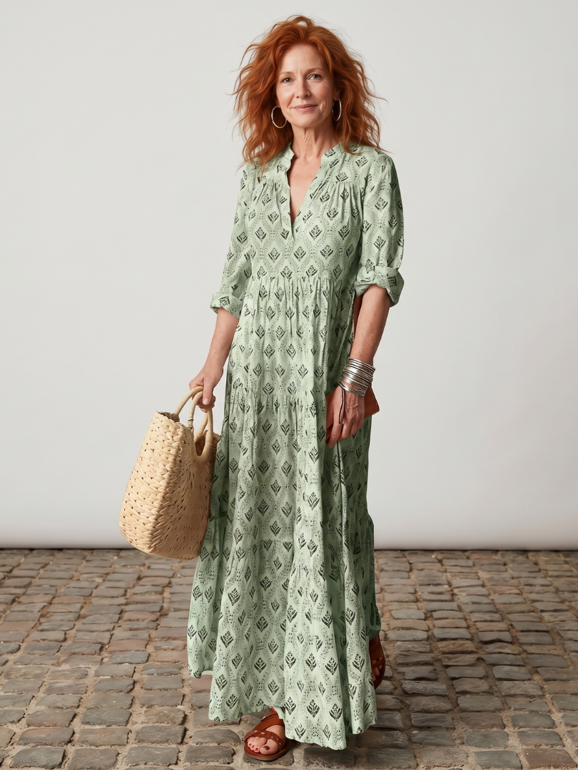Teswen | Notch Neck Printed Long Sleeve Maxi Dress