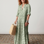 Teswen | Notch Neck Printed Long Sleeve Maxi Dress