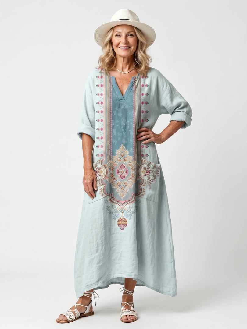 Sennaney | Ornate Panel Embroidered Oversized Pocket Midi Dress