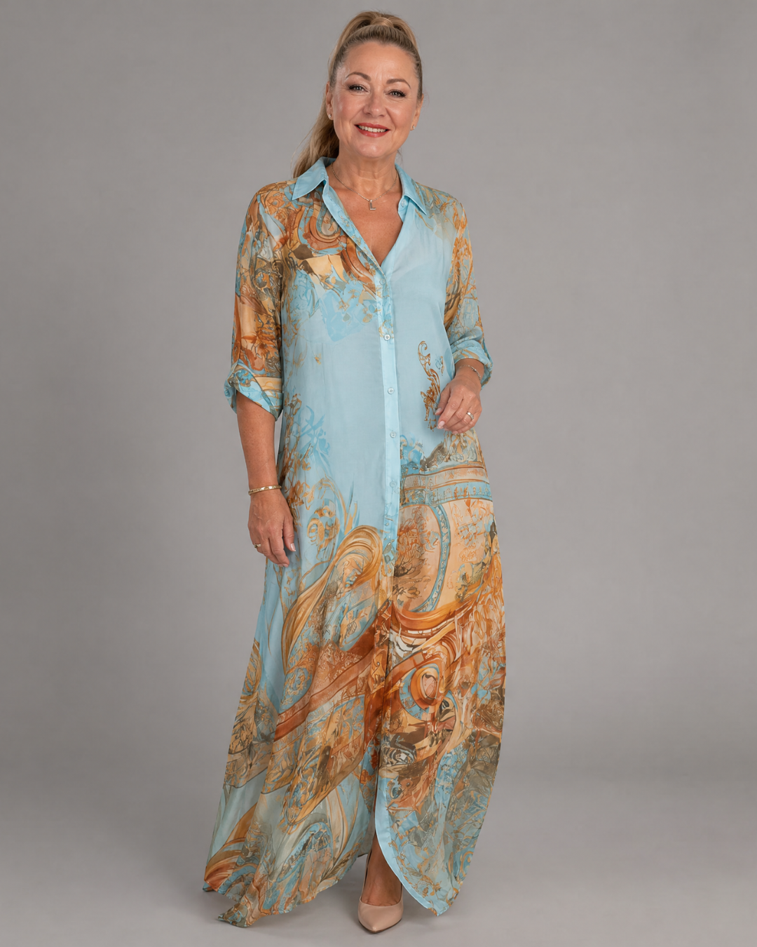 Caswyn | Baroque Print Button Front Flowing Maxi Dress