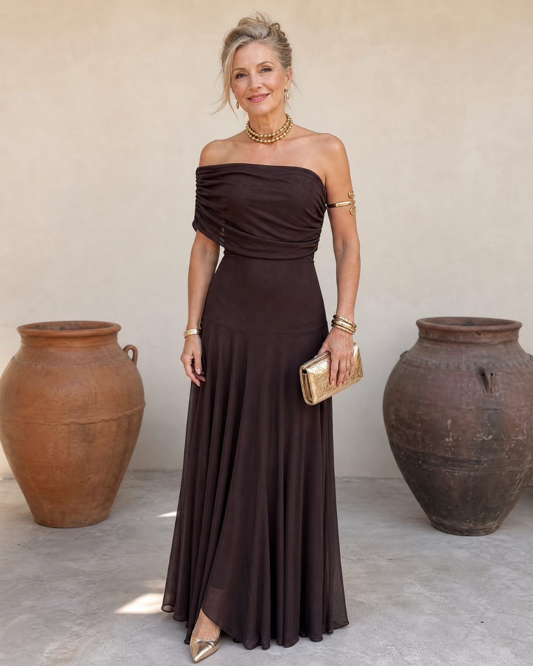 Clawynne | Off Shoulder Draped Bodice Flowing Maxi Dress