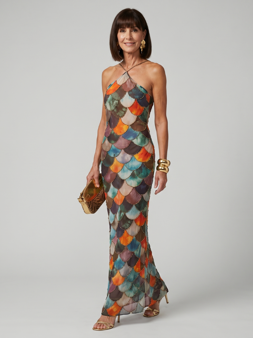 Isabelle | Fitted Multicolor Scale Pattern Maxi Dress