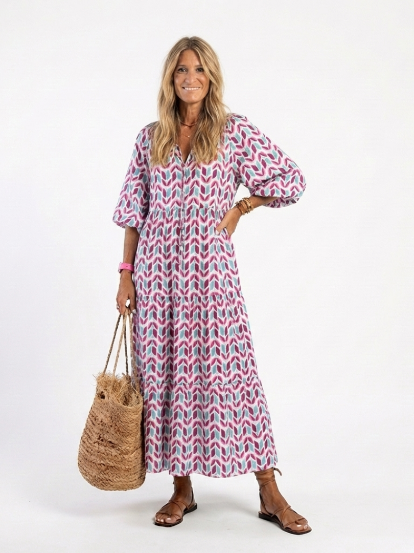 Corbeth | Geometric Print Long Sleeve Tiered Midi Dress
