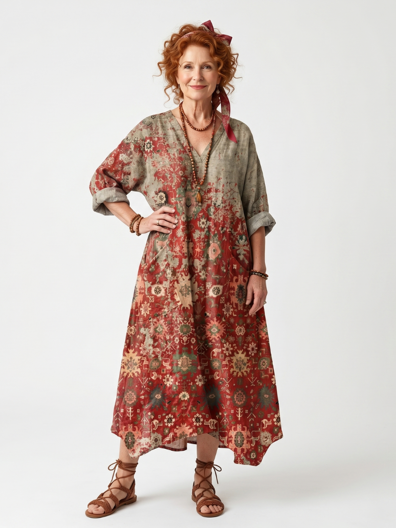 Lilawen | Mixed Pattern Relaxed Pocket Midi Dress