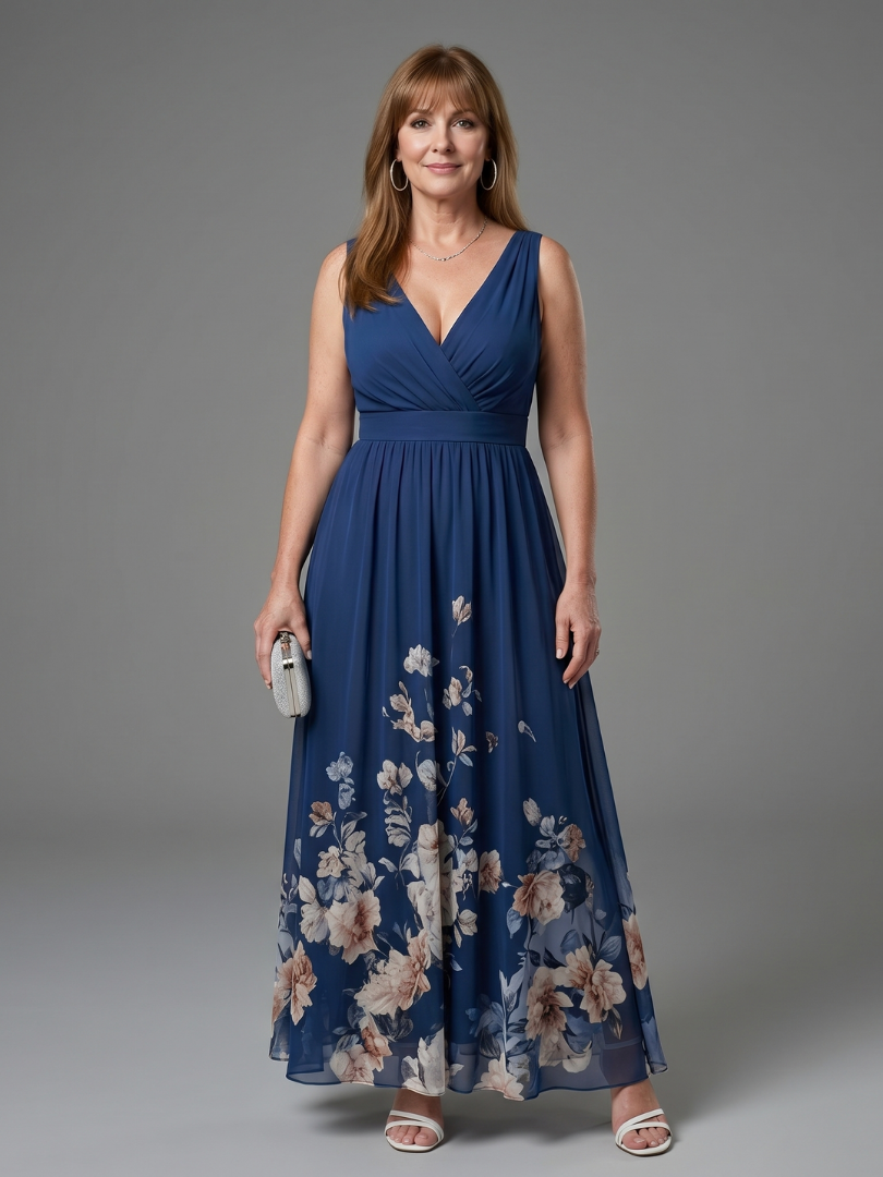 Laemarie | Sleeveless V Neck Soft Floral Hem Midi Dress