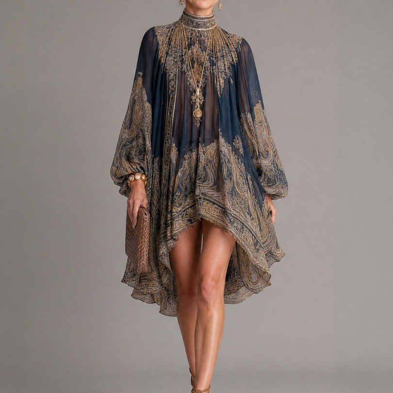 Noravia | High Neck Printed High Low Mini Dress