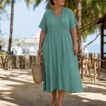 Thallyn | Textured V Neck Relaxed Short Sleeve Midi Dress