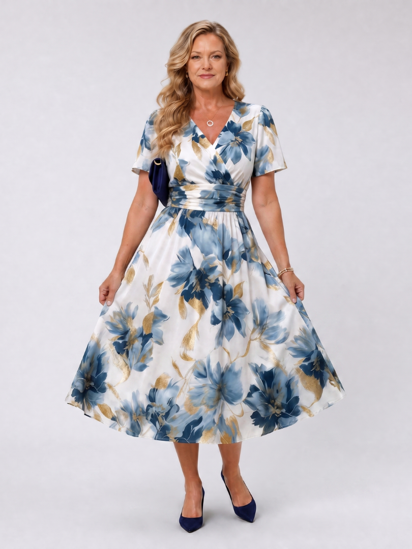 Corndra | Floral Print Short Sleeve Wrap Midi Dress