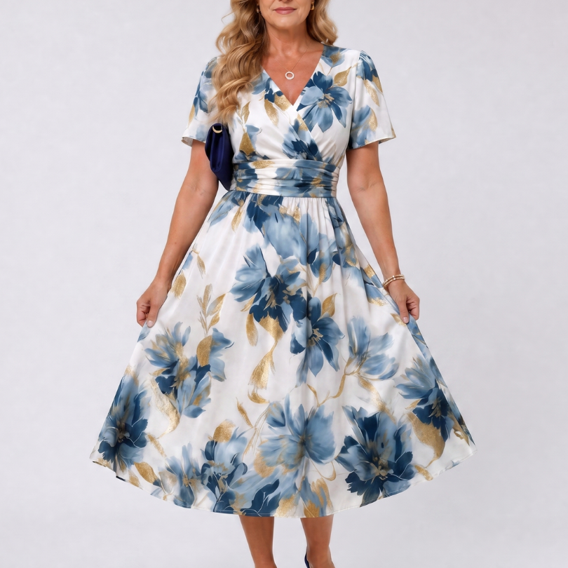 Corndra | Floral Print Short Sleeve Wrap Midi Dress