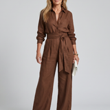 Marenney | Long Sleeve Button Front Wide Leg Jumpsuit