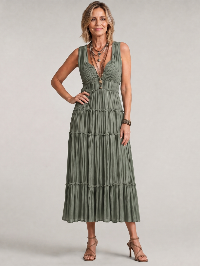 Romywynne | Pleated Sleeveless Tiered V Neck Midi Dress