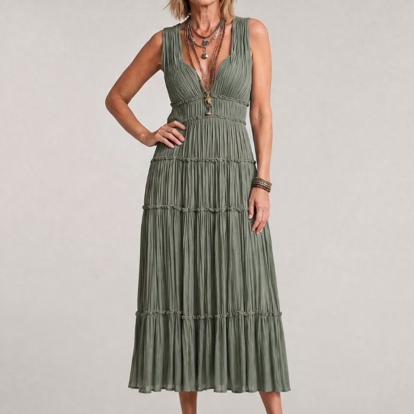 Romywynne | Pleated Sleeveless Tiered V Neck Midi Dress