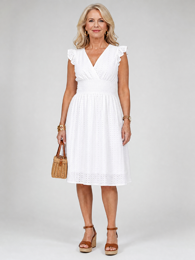 Celdra | Sleeveless Eyelet V Neck Midi Dress
