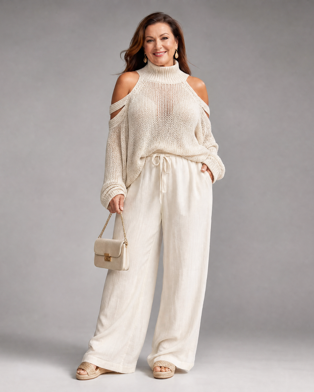 Perthea | Cold Shoulder Knit Sweater Wide Leg Pants Set