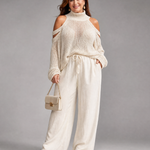 Perthea | Cold Shoulder Knit Sweater Wide Leg Pants Set