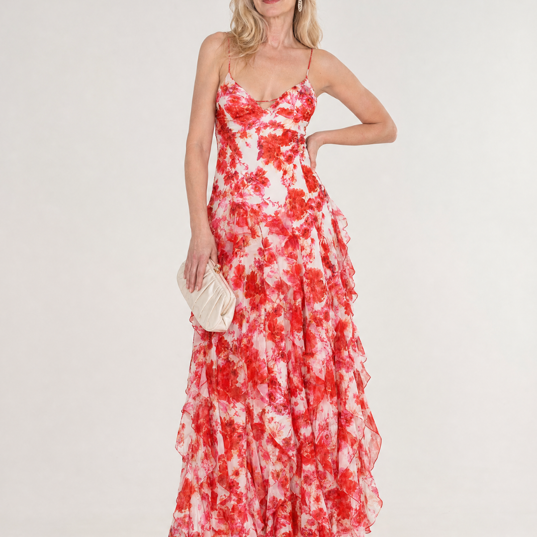 Marenetta | Watercolor Floral Ruffle Hem Sleeveless Midi Dress