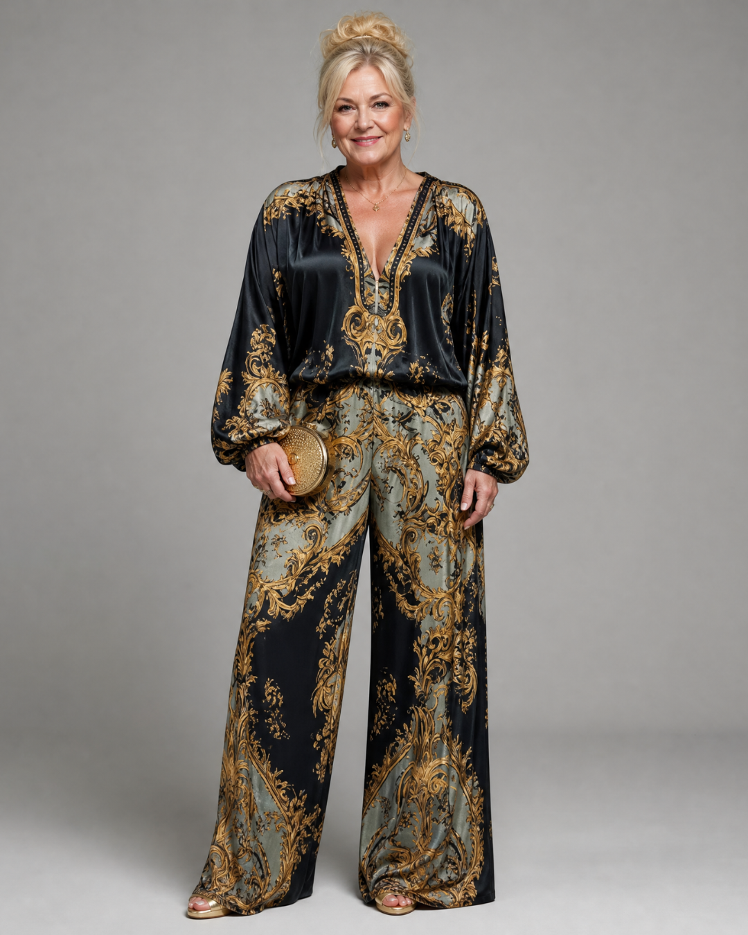 Zarney | Baroque Print Blouse And Wide Leg Pants Set
