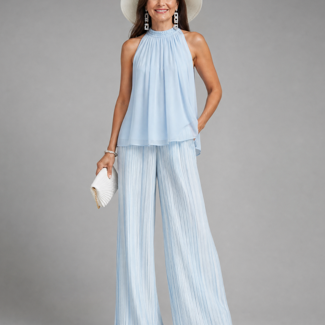 Merlette | Halter Neck Flowing Top And Pleated Wide Leg Pants Set