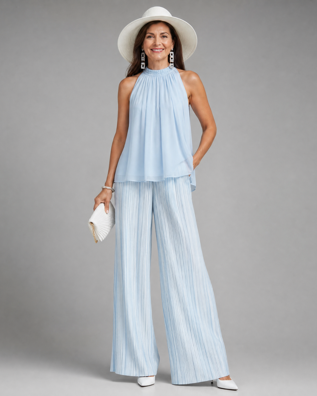 Merlette | Halter Neck Flowing Top And Pleated Wide Leg Pants Set