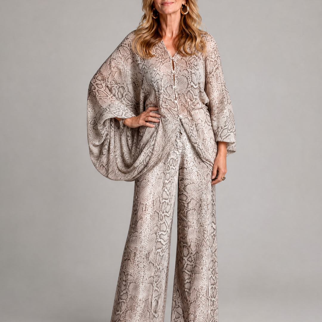 Odassa | Snake Print Draped Blouse And Wide Leg Pants Set