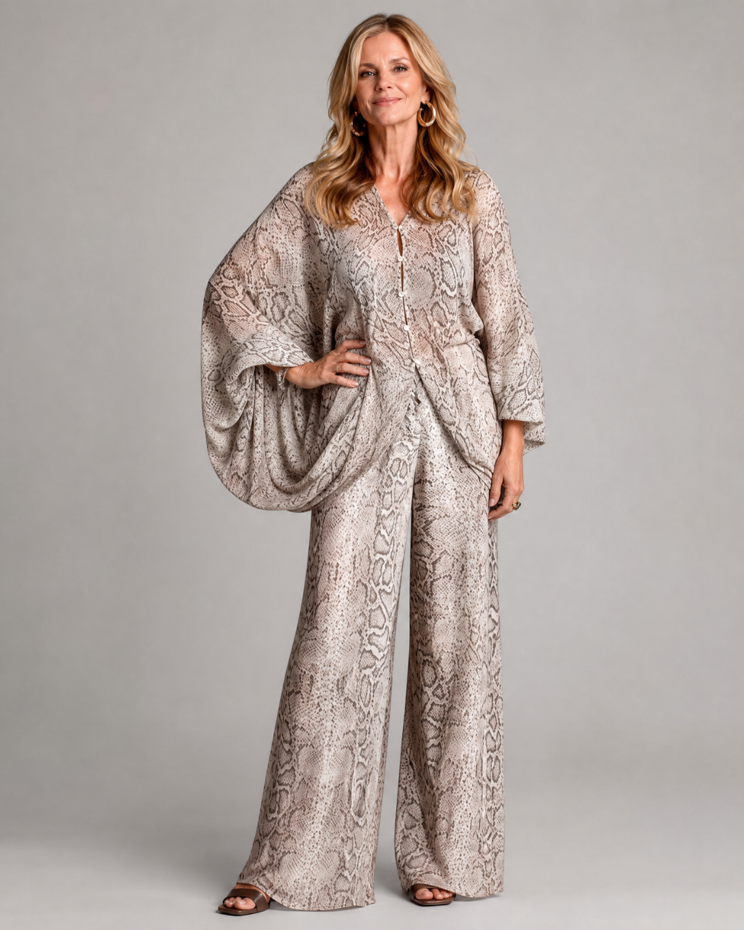 Odassa | Snake Print Draped Blouse And Wide Leg Pants Set