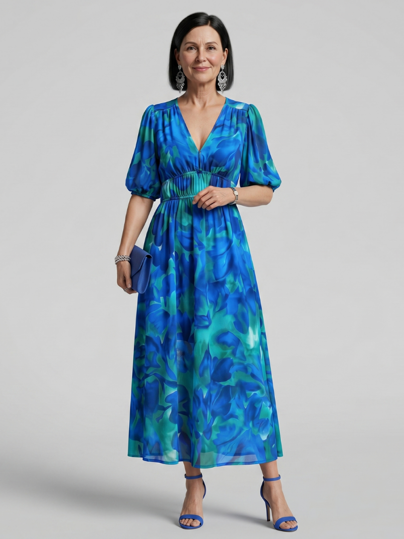 Larette | Puff Sleeve V Neck Abstract Print Midi Dress