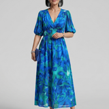 Larette | Puff Sleeve V Neck Abstract Print Midi Dress