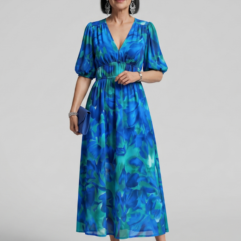 Larette | Puff Sleeve V Neck Abstract Print Midi Dress