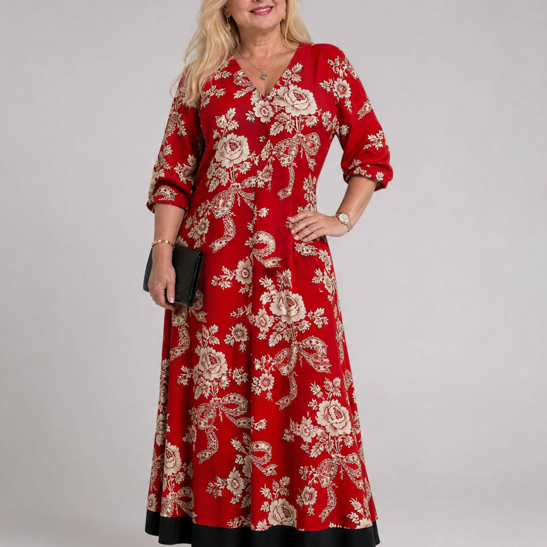 Velette | Vintage Floral V Neck Relaxed Midi Dress