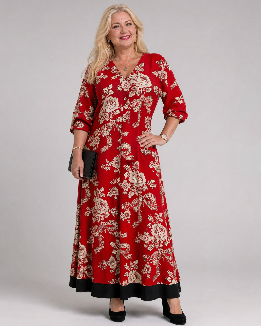 Velette | Vintage Floral V Neck Relaxed Midi Dress