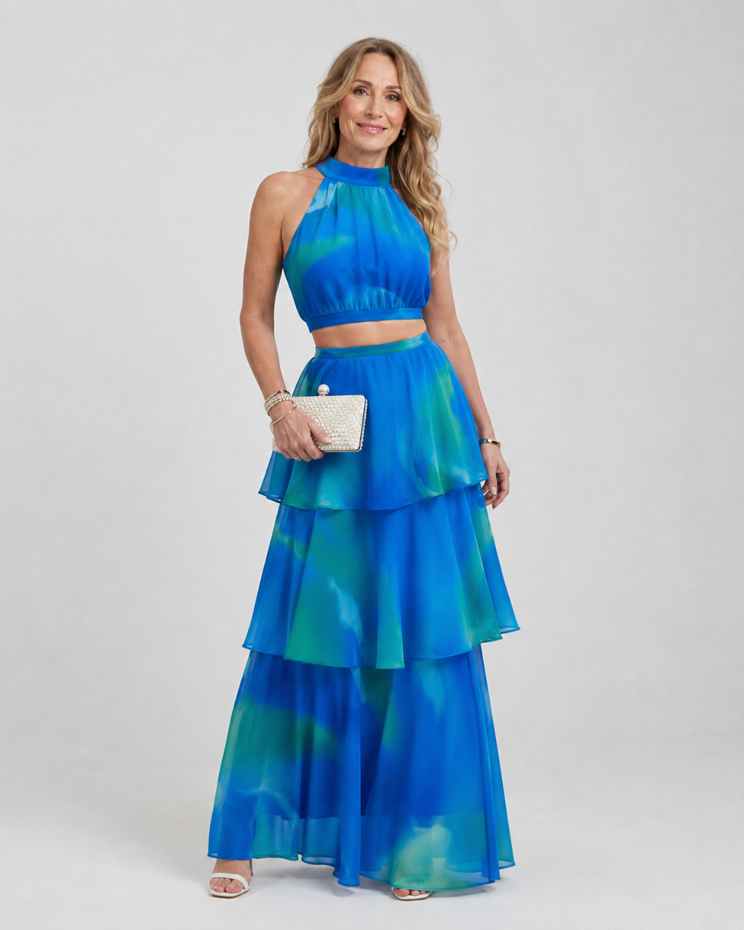 Vellora | Natural Floral Halter Cutout Tiered Maxi Dress