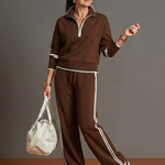 Della | Zip Neck Long Sleeve Side Stripe Leg Pants Set