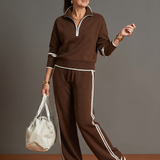 Della | Zip Neck Long Sleeve Side Stripe Leg Pants Set