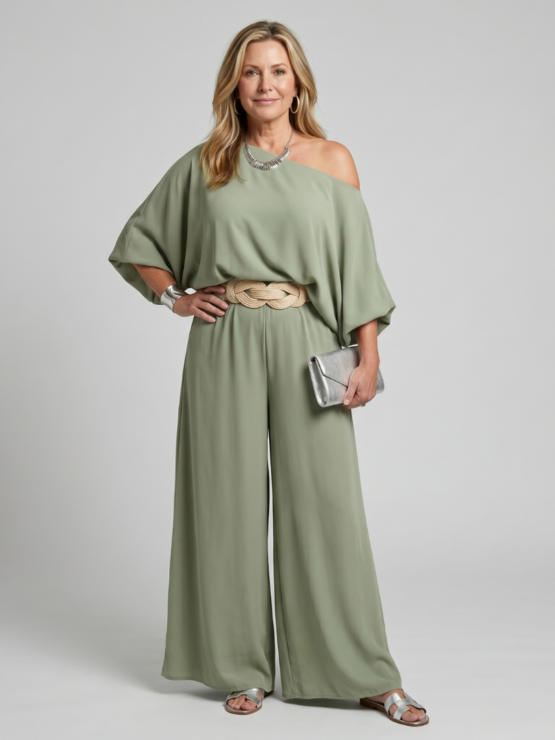 Rosetta | One Shoulder Wide Sleeve Top And Wide Leg Pants Set