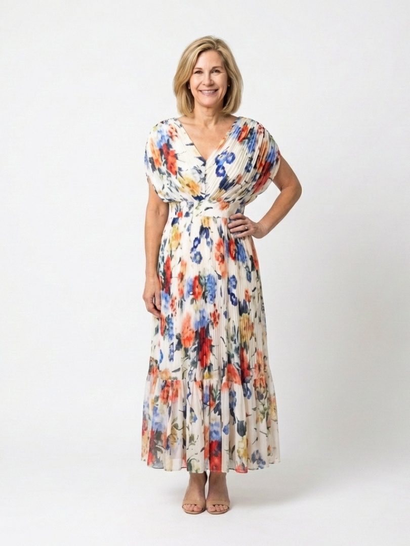 Elondra | Short Sleeve Pleated Floral Midi Dress