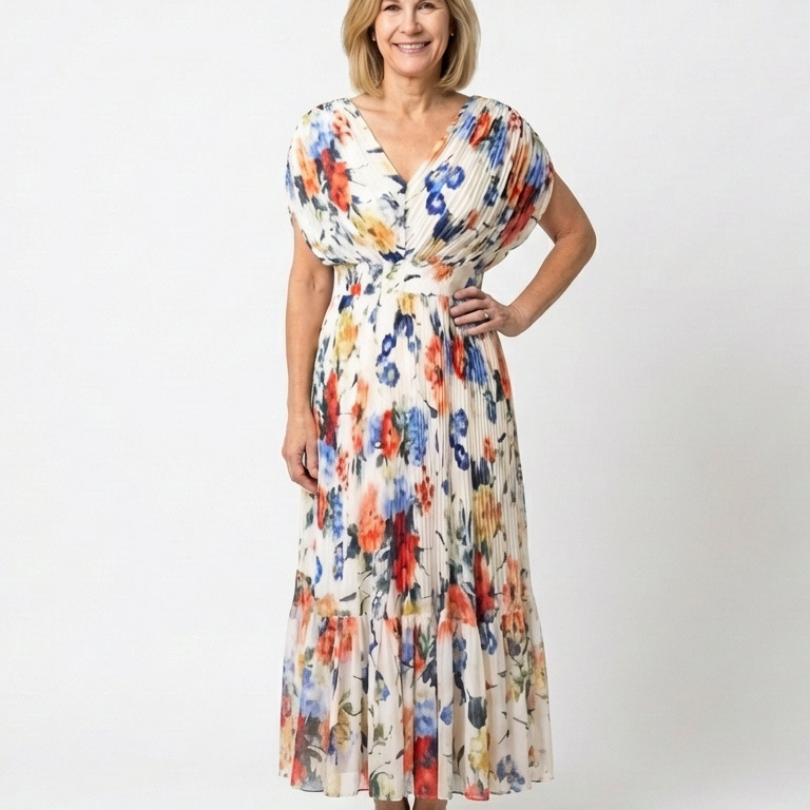 Elondra | Short Sleeve Pleated Floral Midi Dress