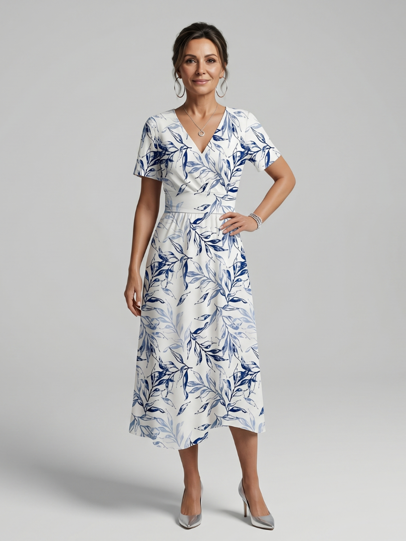 Sennamarie | V Neck Soft Botanical Print Midi Dress