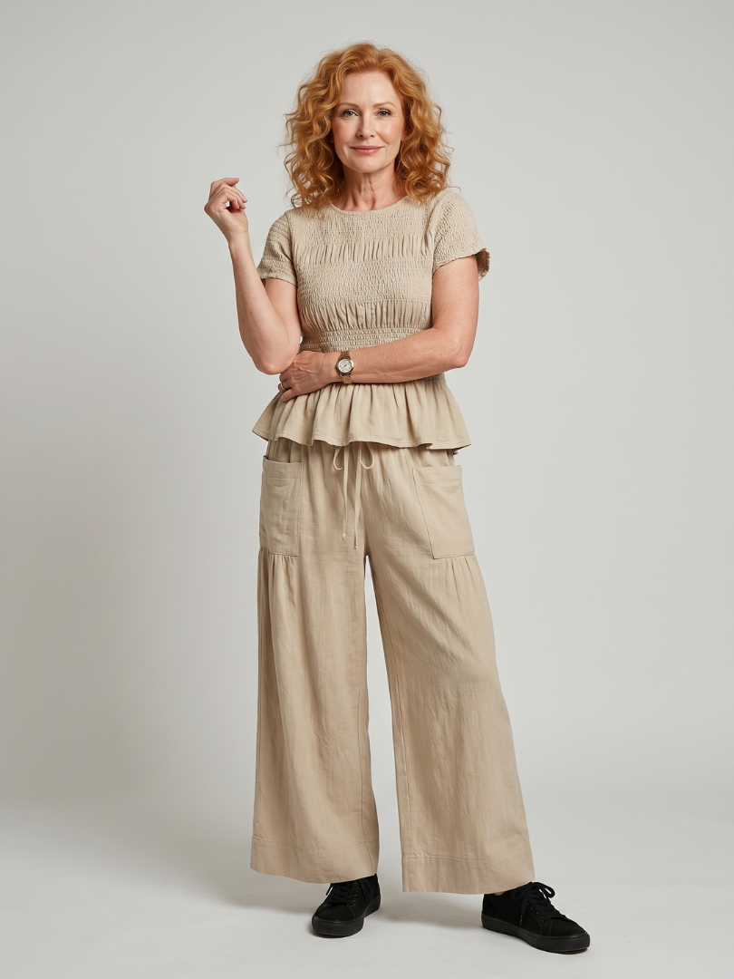 Selthea | Peplum Detail Smocked Top And Wide Leg Pants Set