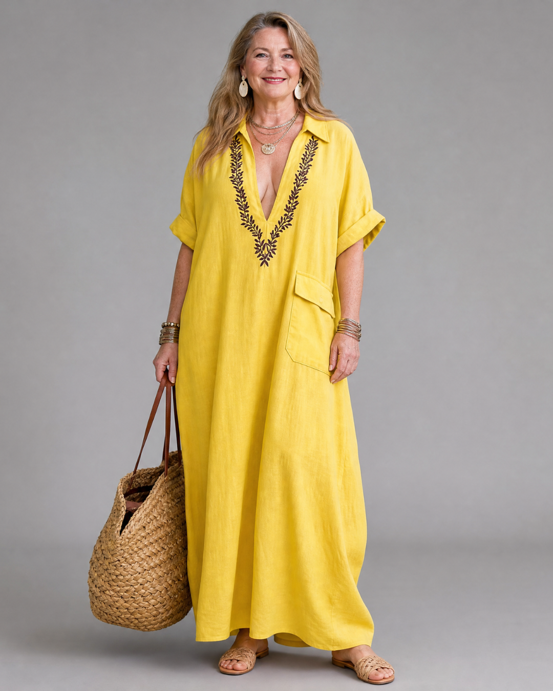Faera | Embroidered V Neck Pocket Detail Relaxed Midi Dress