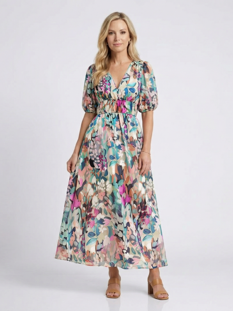 Wrennawen | V Neck Short Sleeve Gathered Waist Midi Dress