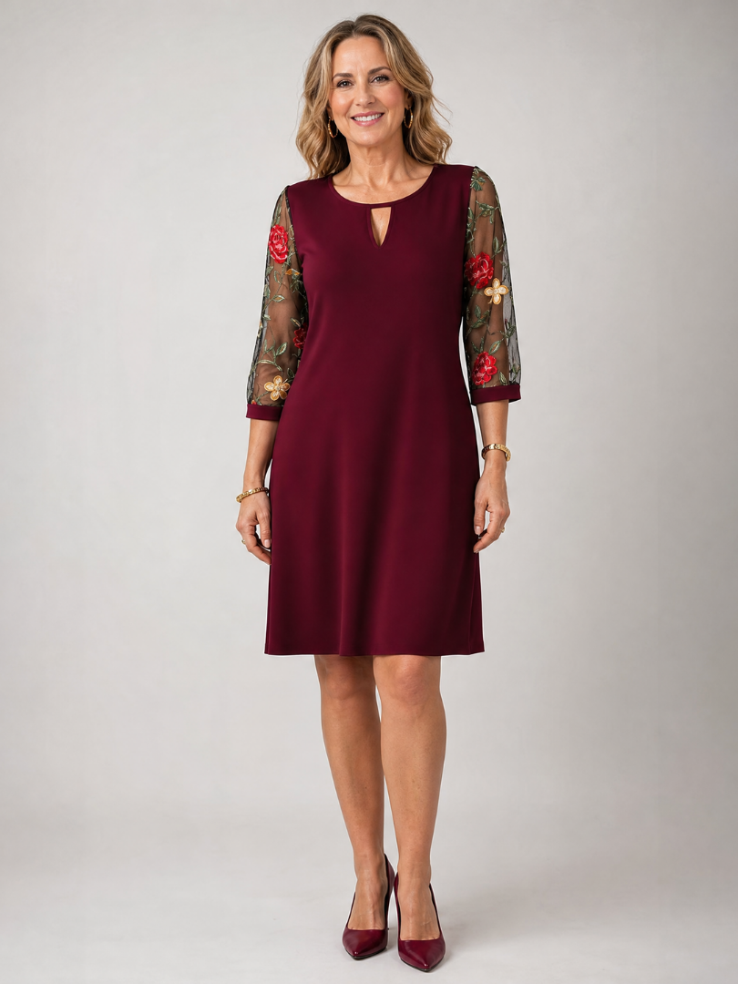 Casvia | Embroidered Mesh Sleeve Mini Dress